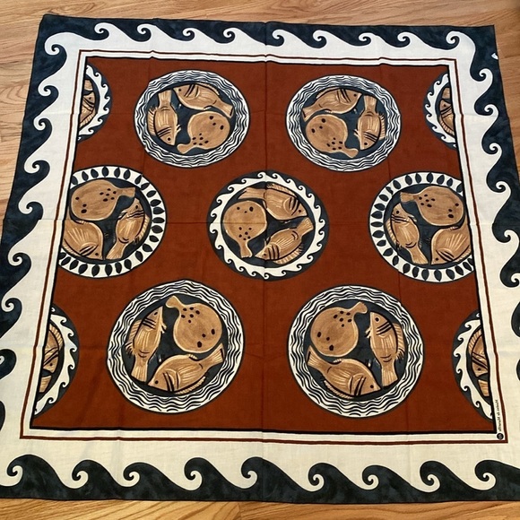 Musees de Marseille Other - French kitchen tablecloth Fish on a plate Cotton blue/rust/White Made in France